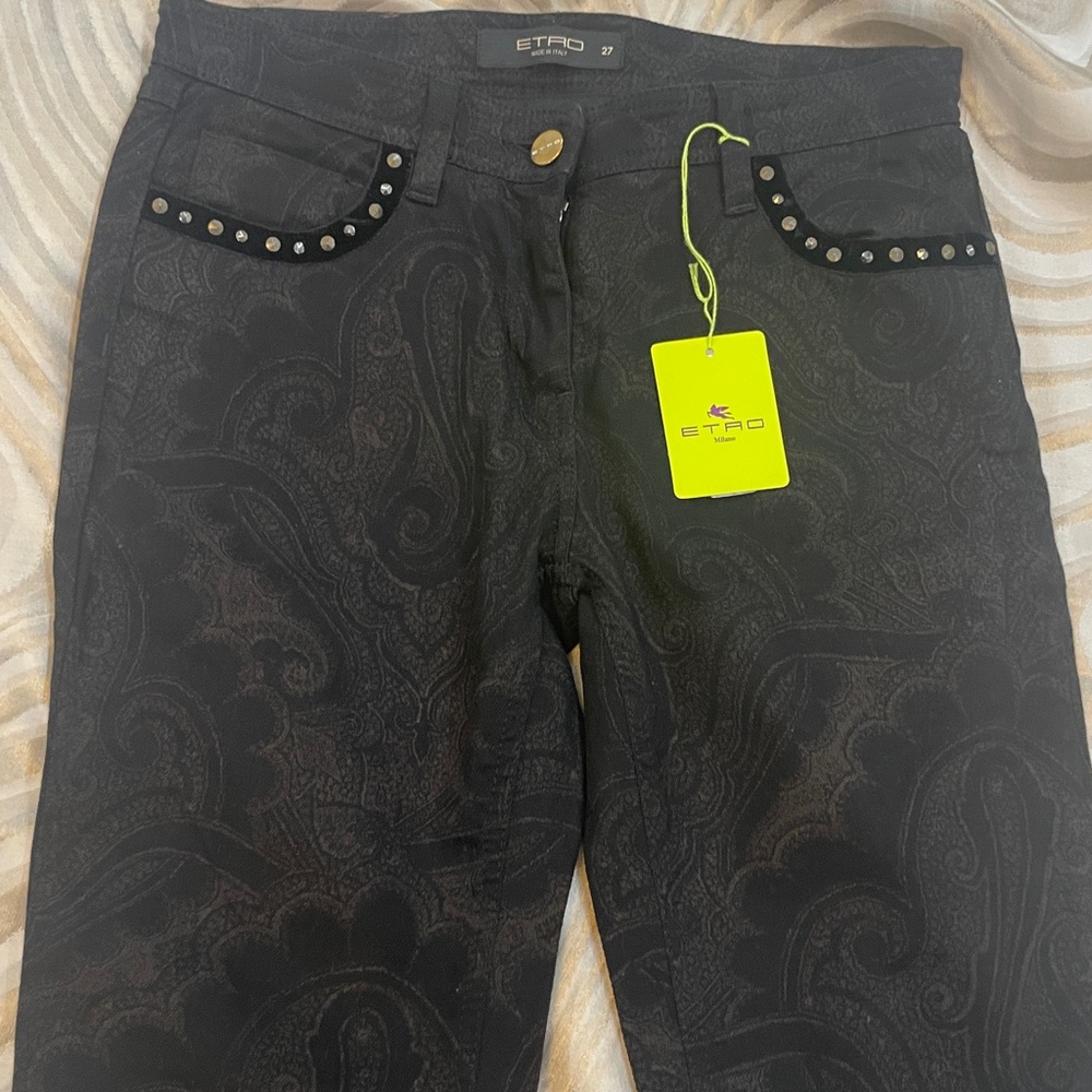 Etro Black Paisley Pants with Gold Button